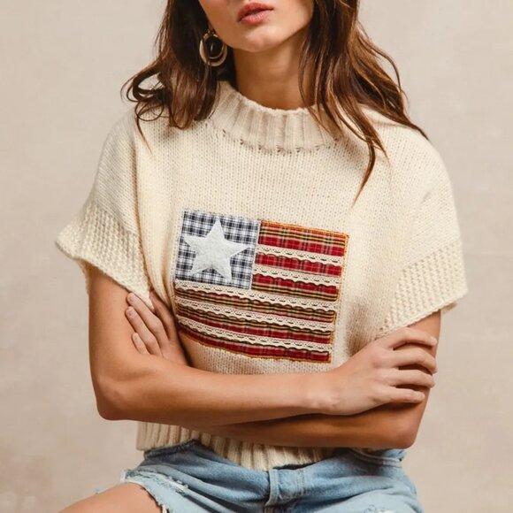 BiBi American Flag Patchwork Drop Shoulder‎ Sweater - Picture 2 of 15